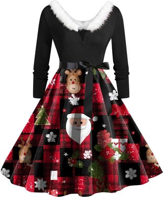 Generic Christmas Dress Womens V Neck Long Sleeve Winter Dress Elegant Perfect Party Printed Xmas Costume Swing Dresses Womens Christmas Sweatshirt Outfits Sw