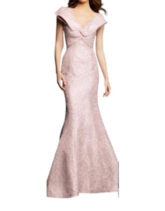 Jovani Cap Sleeved Bow V-Neck Gown In Blush