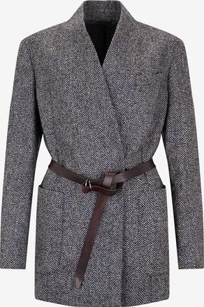 Brunello Cucinelli Fischgr&auml;t-Tweed-Blazer mit G&uuml;rtel und Monili