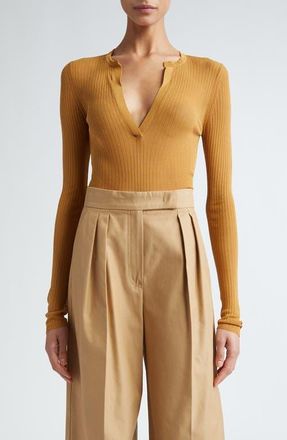 Max Mara Saggina Split Neck Rib Silk Top in Tobacco at Nordstrom, Size Medium