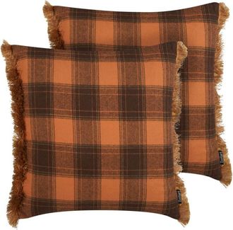 Beliani Beliani - Conjunto De 2 Cojines Decorativos Cuadrados Con Patr&oacute;n De Cuadros En Color Naranja Con Borlas 45 X 45 Cm Barja