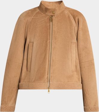 Moncler Vougeot Suede Short Down Combo Jacket with Teddy Trim