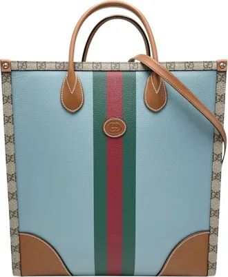 Gucci Beige Blue Pvc Coated Canvas Leather Handbag Shoulder Bag Tote Bag (Pre-Owned)