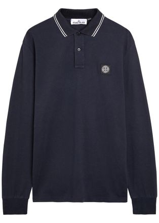 Stone Island Logo-appliqu&eacute;d Piqu&eacute; Stretch-cotton Polo Shirt - Navy - XL