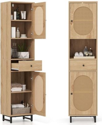Costway 170cm Tall Bathroom Cabinet PE Rattan Floor Cabinet w/ 2 Doors