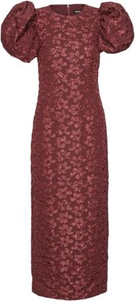 Rotate Bordeaux Jacquard Midi Puffy Jurk - Dames - Maxi kleedjes - Bruin - XS - Polyester - Kleedjes