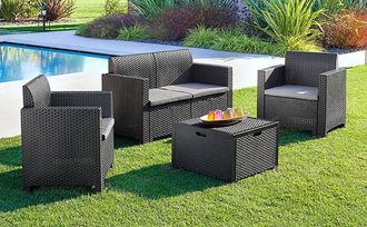 Dmora Conjunto De Sal&oacute;n Exterior Dmotto, Conjunto De Jard&iacute;n Con Cojines, Conjunto De Sal&oacute;n Interior Efecto Rat&aacute;n, 100% Made In Italy, Antracita - Dmora