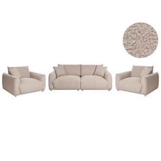 Beliani Conjunto De Sala De Estar Moderno 5 Plazas De Boucl&eacute; Con Cojines Decorativos Sof&aacute; Y Sillones Con Patas De Madera Gris Pardo Jubek