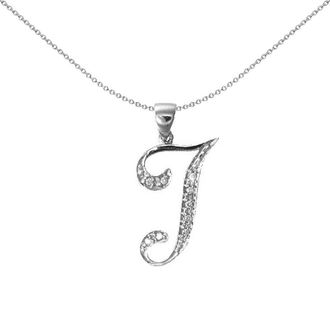 Jewelco London 9ct White Gold Diamond Script Initial ID Charm Pendant Letter T - 9P060-T