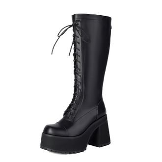 Generic Womens Lace Up Knee High Boots with Zipper Patent Leather Long Boots Block High Heel Platform Boot,Black2,5.5 UK