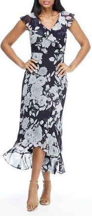 London Times Floral Ruffle Sleeveless Faux Wrap Maxi Dress in Navy/White at Nordstrom Rack, Size 14