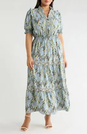 Max Studio Short Sleeve Tiered Maxi Dress in Blue Daisy Flutter at Nordstrom Rack, Size 2X