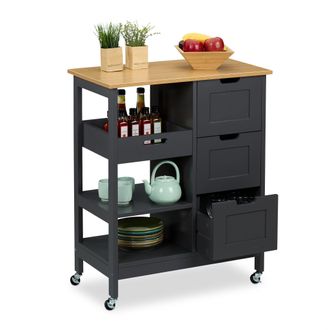 Relaxdays Carro Auxiliar Cocina, Encimera, 3 Cajones Y 3 Compartimentos, 85 X 68,5 X 38,5 Cm, Isla Con Ruedas, Gris - Relaxdays