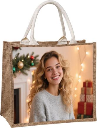 Generic Personalised Photo Jute Tote Bag Christmas Design Shopping Bag with Custom Image Print Natural Burlap with White Handles Reusable Grocery Bag for Fami