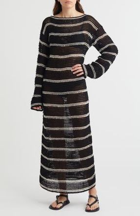 Faithfull The Brand Jesolo Stripe Long Sleeve Open Stitch Cotton Sweater Dress in Black/Off White at Nordstrom Rack, Size Medium