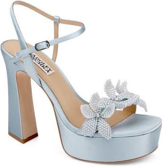 Badgley Mischka Wicket Ankle Strap Platform Sandal in Mist Blue Satin at Nordstrom, Size 8.5