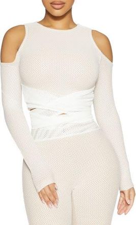 Naked Wardrobe Cold Shoulder Mesh Top in White at Nordstrom Rack, Size X-Small