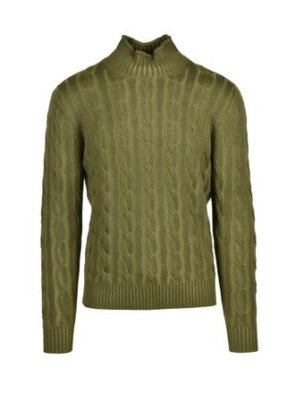 KANGRA Cable Knit Sweater With Distinctive Volcano Collar In Green