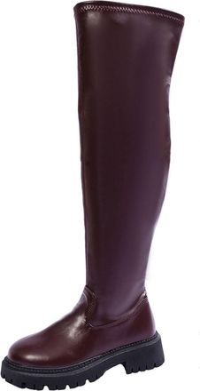 Generic Womens Thigh High Boots Fashion Womens Platform Over The Knee High Boots Side Zipper Low Chunky Heels Round Toe Sex Long Boot Leather PU Waterproof Co