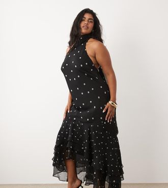 Asos Curve ASOS DESIGN Curve - Vestito lungo allacciato al collo a pois con foulard e fondo con volant-Multi