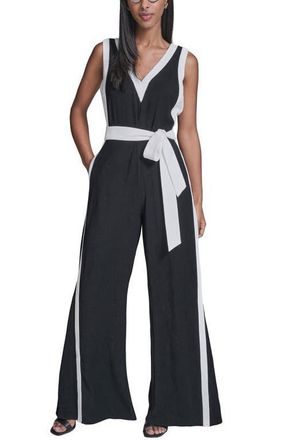 Karl Lagerfeld Aerowash Sleeveless Tie Waist Wide Leg Jumpsuit in Black Soft White at Nordstrom, Size 14
