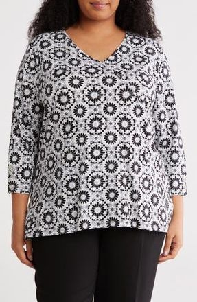 Ruby Rd. Surplice V-Neck Stretch Cotton Top in Black Multi at Nordstrom Rack, Size 1X
