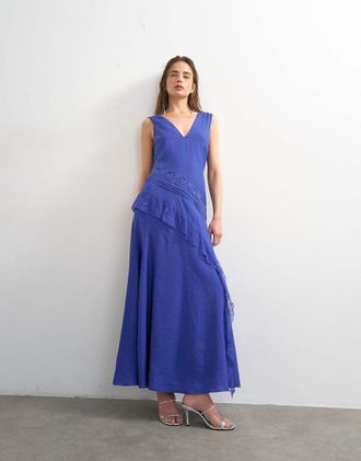 Topshop Vestito lungo con scollo a V profondo e inserti in pizzo color cobalto-Blu