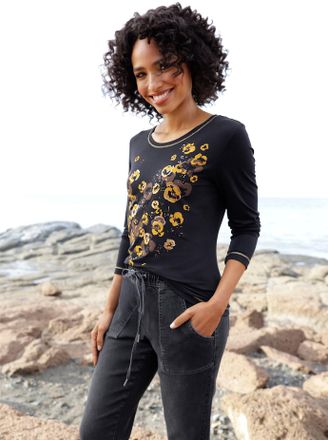 Heine Langarmshirt HEINE Shirt, Damen, Gr. 38, schwarz, 95% Viskose, 5% Elasthan, bedruckt, gebl&uuml;mt, gemustert, mehrfarbig, Rundhals, Shirts Langarmshirt