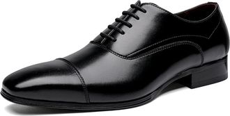 Generic Formal Shoes for Men Lace Up Plain Cap Toe Burnished Toe Leather Rubber Sole Block Heel Low Top Non Slip Anti-Slip Wedding(Black,6.5 UK)