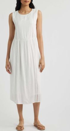 Bobeau Eyelet Trim Midi Dress in White at Nordstrom, Size X-Large