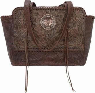 American West Womens Secret Collection Zip Top Tote Bag With Compartment In Distressed Charcoal Brown