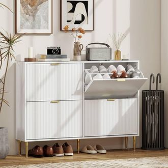 HOMCOM Slim Shoe Storage Cabinet with Flip Drawers for Hallway in White