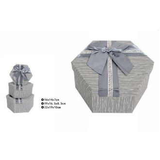 Trade Shop Trade Shop - Set 3 Pz Scatole Box Per Regali Varie Misure Esagonali Grigia Con Fiocco 69354