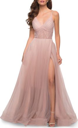 La Femme A Line Tulle Prom Dress with Sheer Bodice in Dusty Mauve at Nordstrom, Size 14
