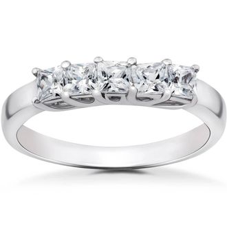 Pompeii3 3/4 ct Princess Cut Diamond Wedding Ring 5-Stone Womens Stackable Band 14k Gold Size Selectable