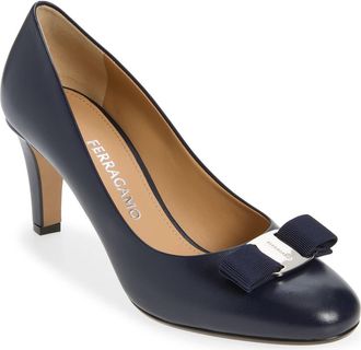 Ferragamo Carla Bow Pump in Navy Biscotto at Nordstrom, Size 9.5