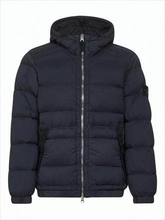 Stone Island Quilted Blue Padded Jacket With Hood And Flap Pockets