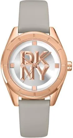 DKNY 316L Leather Strap Watch in Grey at Nordstrom Rack