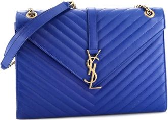 Saint Laurent Classic Monogram Envelope Satchel Matelasse Chevron Leather Large shoulder bag - Blauw
