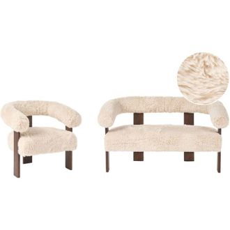 Beliani Sofa Set Off-White and Dark Brown 2 Seater Armchair Faux Fur Upholstery Retro Design Wooden Legs Living Room ILBRO