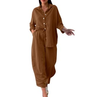 Generic Two Apparel Women 2 Retro Plus Size Cotton and Shirt Suit High Waist Slacks Suit Top Pants Long Sleeve Bridesmaid Jumpsuit for Women (Brown, M)
