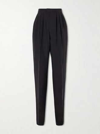 Saint Laurent Pantaloni A Gamba Dritta In Seta Habotai Con Pinces - Nero