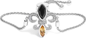 House of Brilliance 925 Sterling Silver Marquise Black Onyx, Orange Citrine, and Diamond Accent Lariat 4-10 Fleur De Lis Adjustable Bolo Bracelet