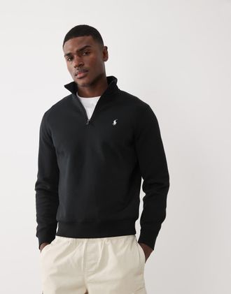 Polo Ralph Lauren Icon - Felpa in maglia doppia di jersey nera con zip corta e logo-Nero