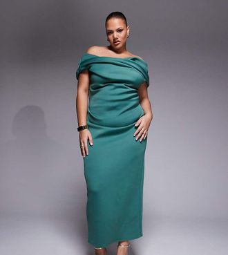 Asos Curve ASOS DESIGN Curve - Vestito midi con scollo alla Bardot e spacco in tessuto effetto scuba verde-azzurro-Blu