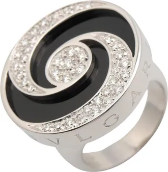 Bulgari Silver Black Clear White Gold (18K) Stainless Steel Band Ring (Pre-Owned)