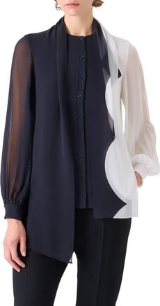 Akris Cloud Silk Tie Neck Shirt in Black-Ecru at Nordstrom, Size 14