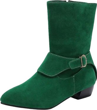 Generic Womens Leisure Mid Calf Boots Pointed Toe Low Block Heel Slip On With Platform And Decorative Belt Buckle