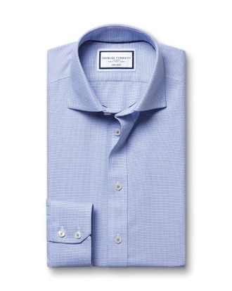 CHARLES TYRWHITT Cutaway Collar Non-Iron Stretch Kensington Weave Cotton Formal Shirt - Cobalt Blue Double Cuff Size 18/35 by Charles Tyrwhitt