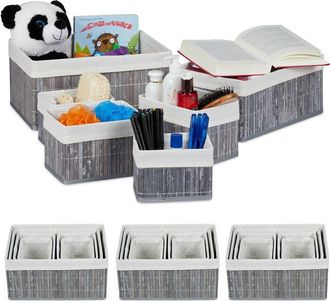 Relaxdays Relaxdays 4x Sets of 6 Bamboo Storage Baskets, Various Sizes, Shelves Organiser, Fabric Cover, Square, Decorative, Grey
